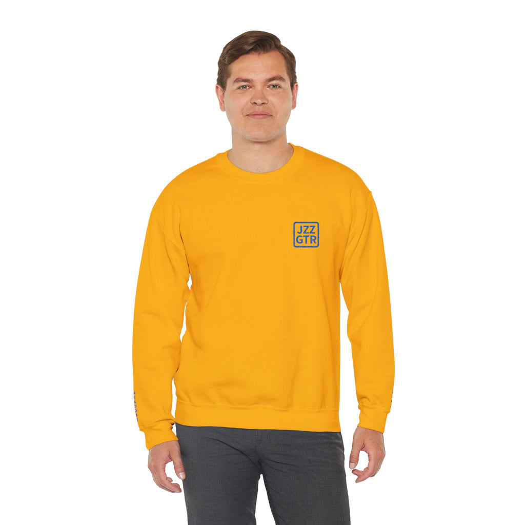 Yellow JZZ GTR ™ Tuning Crewneck Sweatshirt with Sleeve Note Standard & 7-String Tuning Guide